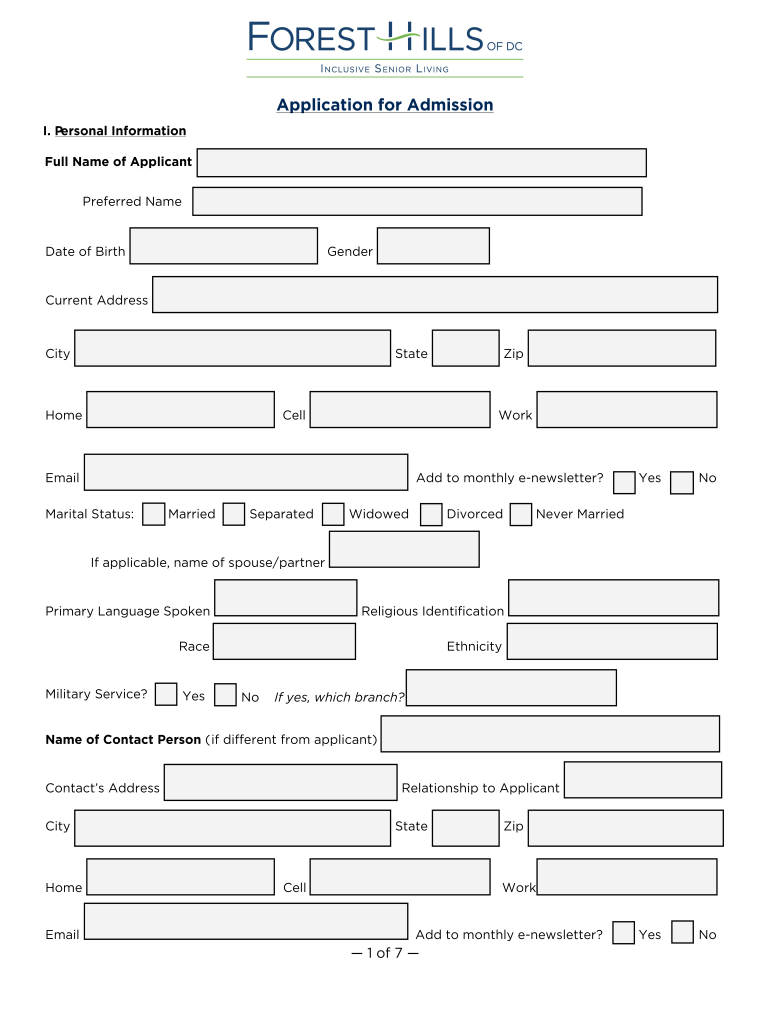 Application for Admission Forest Hills of DC Preview on Page 1