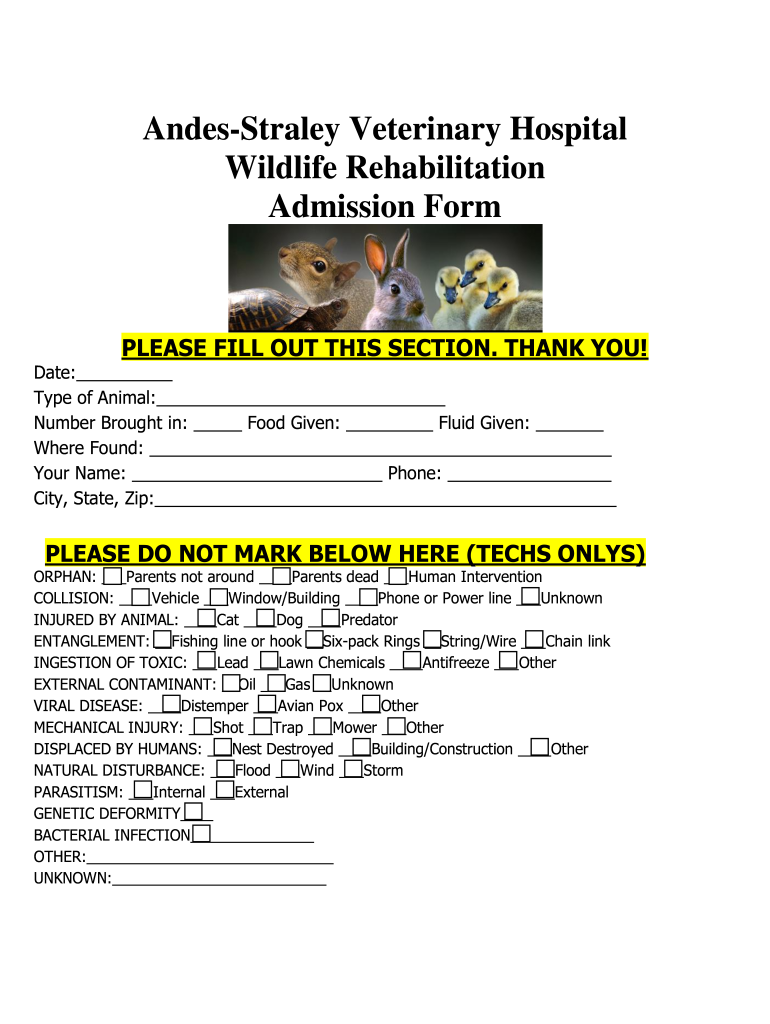 Wildlife Rehabilitation Admission Form - Andes-Straley Preview on Page 1