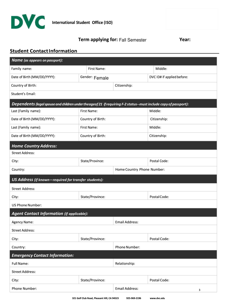 International Student Admission Application - Diablo Valley Preview on Page 1