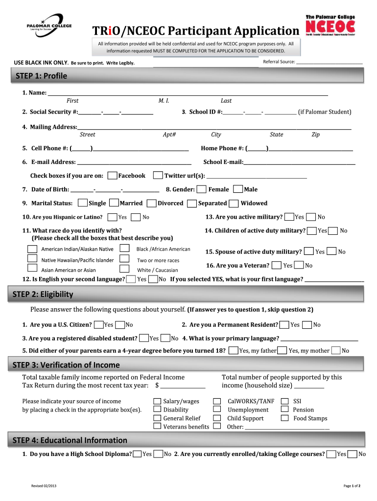 Fillable Online palomar TRiO NCEOC Participant Application Preview on Page 1