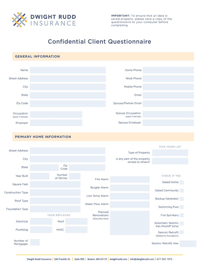 Confidential Client Questionnaire - Dwight Rudd Insurance Preview on Page 1