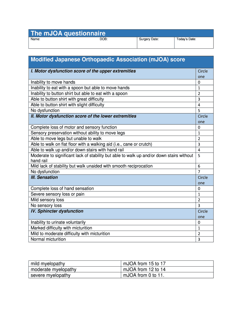 modified japanese orthopaedic association mjoa questionnaire Preview on Page 1