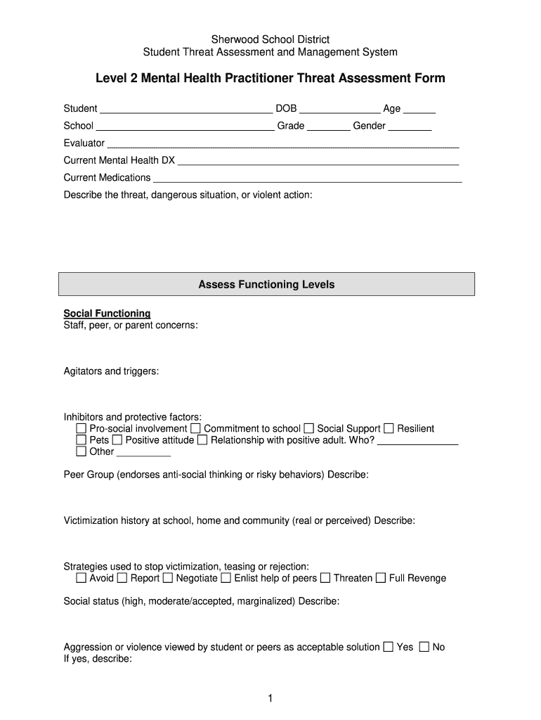 Level 2 Mental Health Practitioner Threat Assessment Form Preview on Page 1