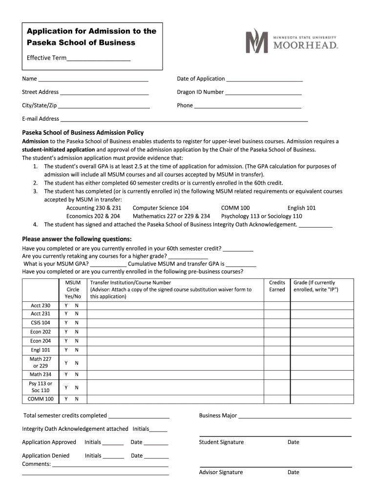 Application for Admission to the Paseka School of Business Preview on Page 1