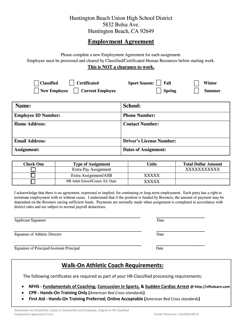 Fillable Online Classified Forms Huntington Beach Union High Fax