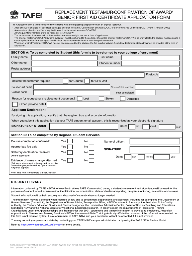 Replacement Testamur or Senior First Aid Certificate Fill out & sign
