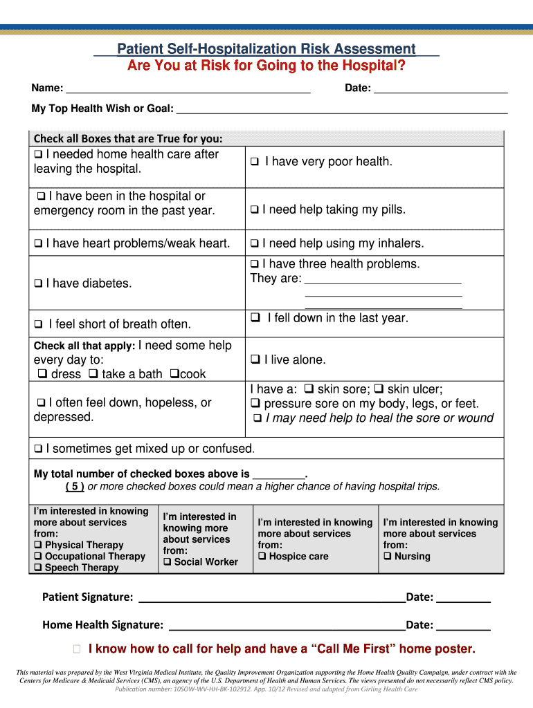 Patient Self-Hospitalization Risk Assessment Patient Self-Hospitalization Risk Assessment Preview on Page 1