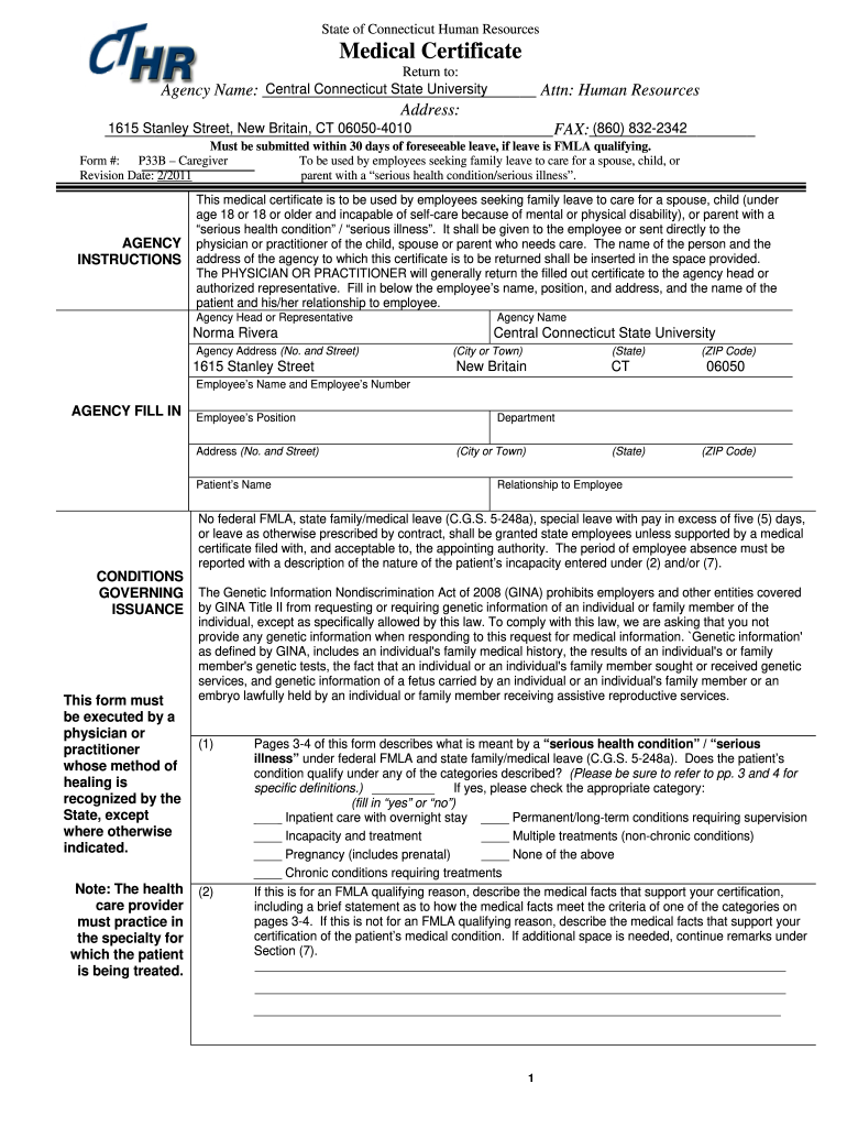 State of Connecticut Human Resources Medical Certificate Preview on Page 1