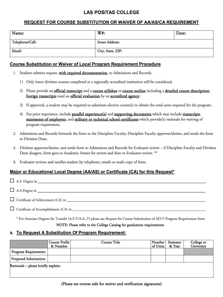 AA AS CA Course Substitution or Waiver Form - Las Positas Preview on Page 1