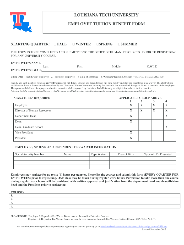 LOUISIANA TECH UNIVERSITY EMPLOYEE TUITION BENEFIT FORM Preview on Page 1