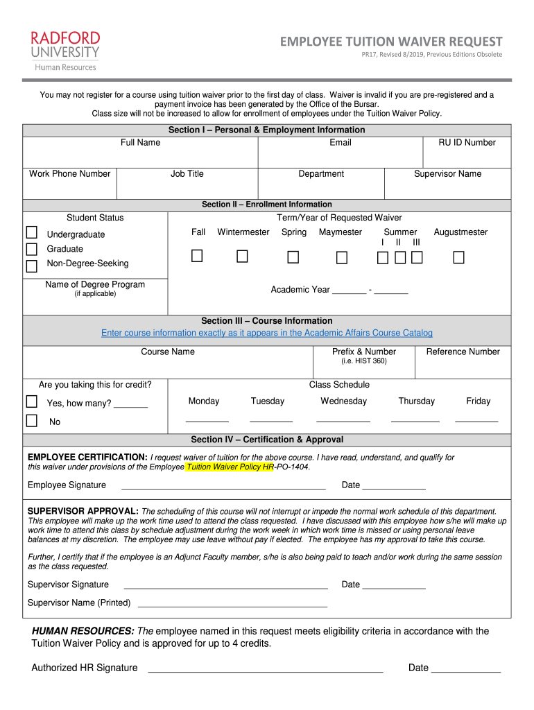 EMPLOYEE TUITION WAIVER REQUEST - Radford University Preview on Page 1