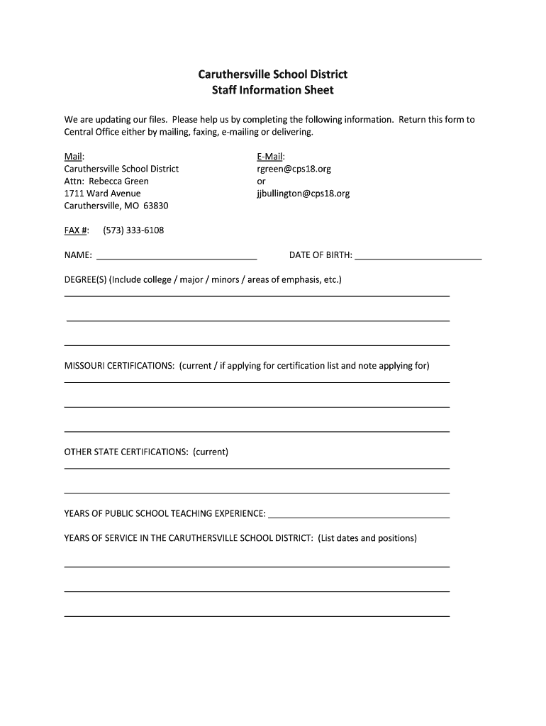 Fillable Online Caruthersville School District Staff Information Sheet
