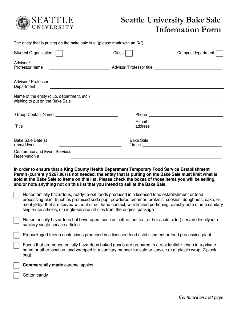 Seattle University Bake Sale Information Form Preview on Page 1