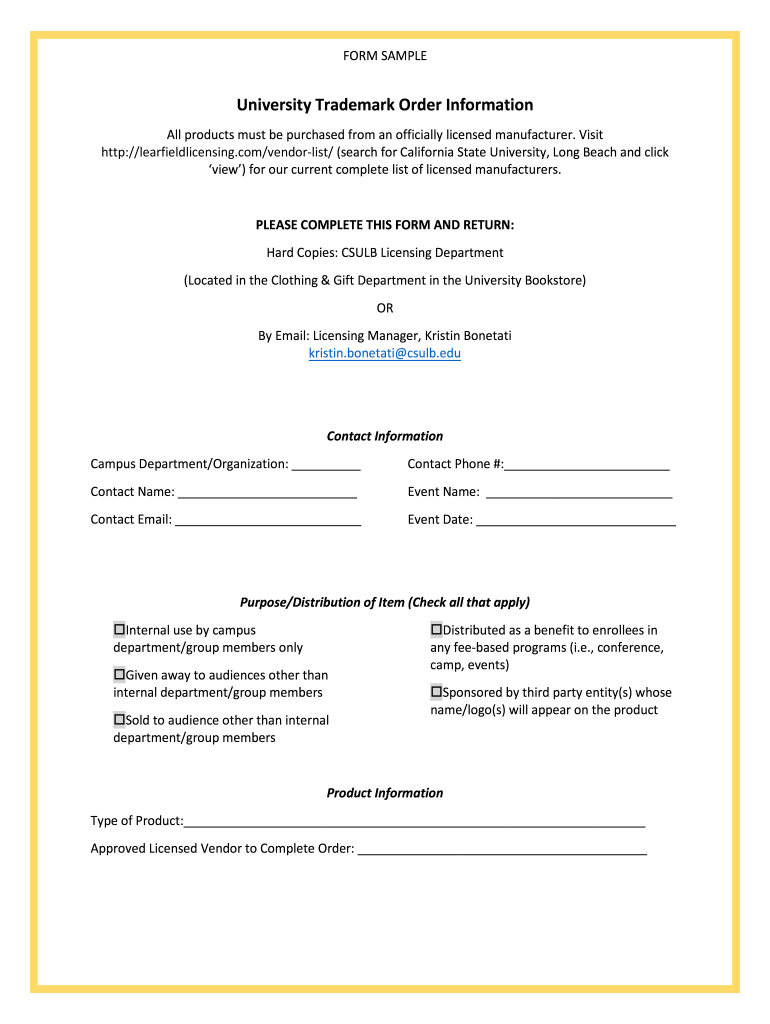 University Trademark Order Information Form Preview on Page 1