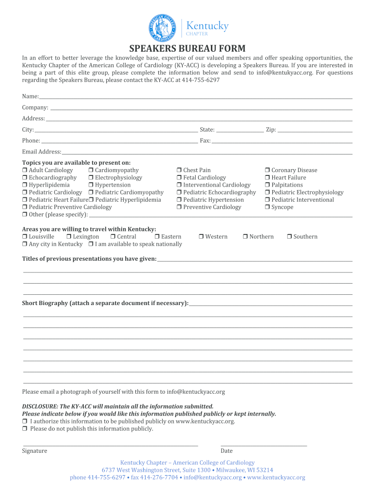 SPEAKERS BUREAU FORM Preview on Page 1