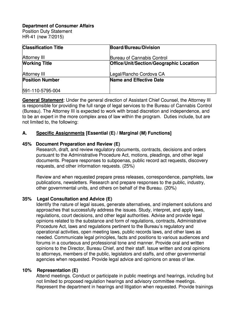 Fillable Online Department of Consumer Affairs Classification Title