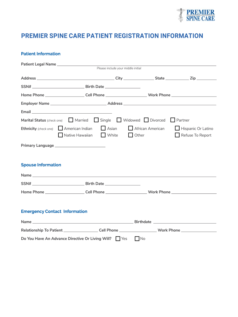 PREMIER SPINE CARE PATIENT REGISTRATION INFORMATION Preview on Page 1