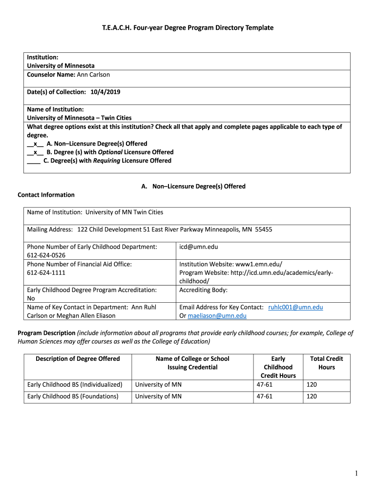 Fillable Online T.E.A.C.H. Four-year Degree Program Directory Template ...