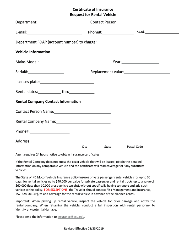 East Carolina University Certificate of Insurance Request
