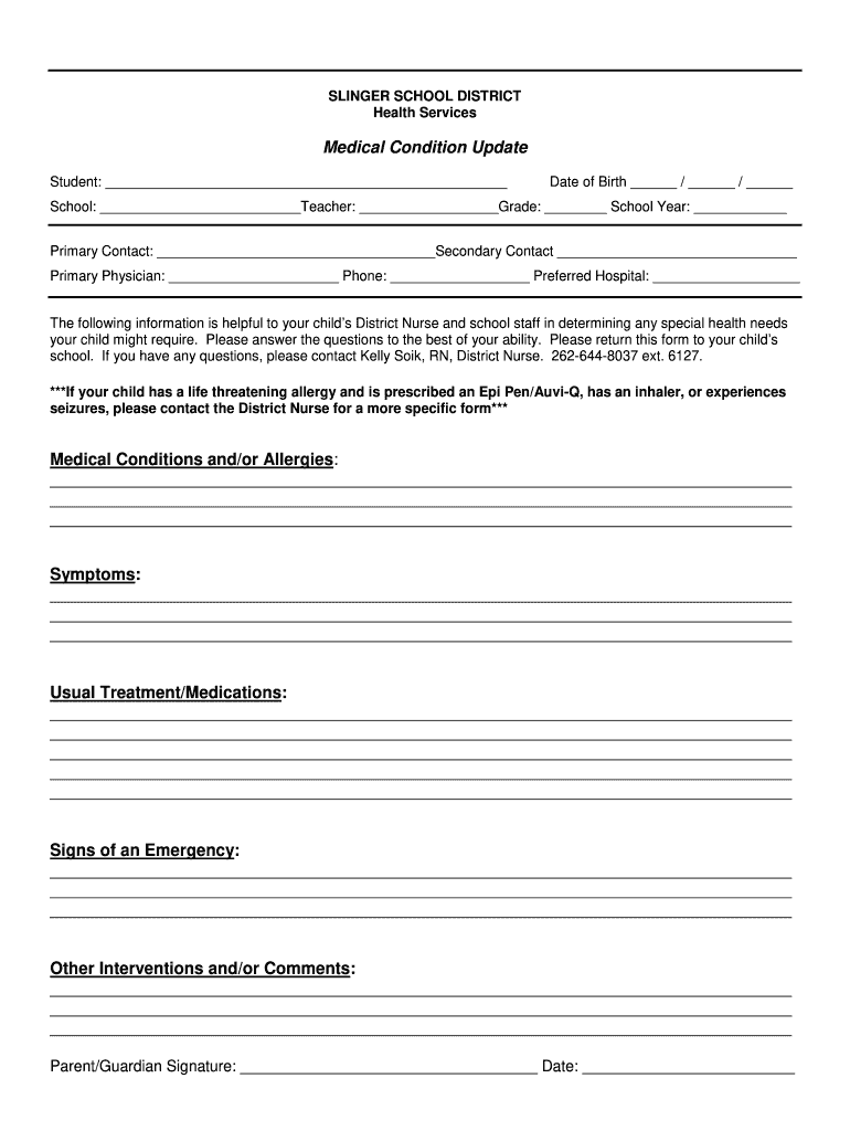 Fillable Online High School New Student Registration Slinger School