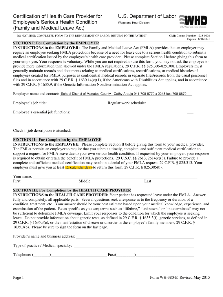 Fillable Online Employee FMLA Form - School District of Manatee County ...  Fax Email Print - pdfFiller