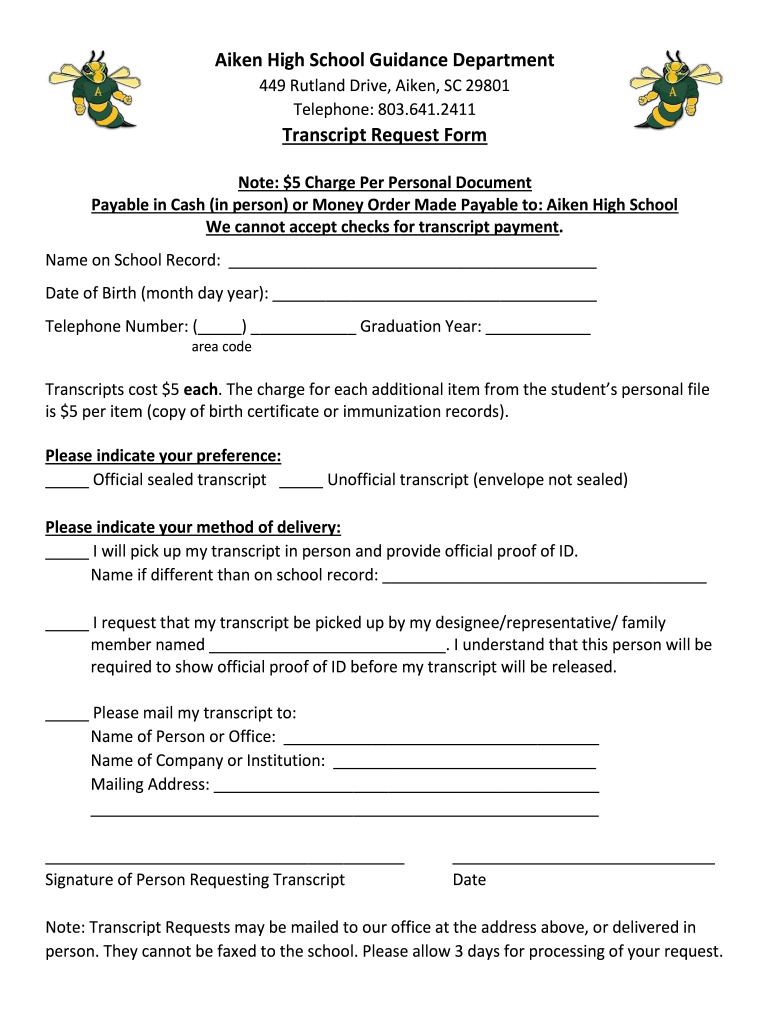 Fillable Online revised ahs transcript request form Fax Email Print