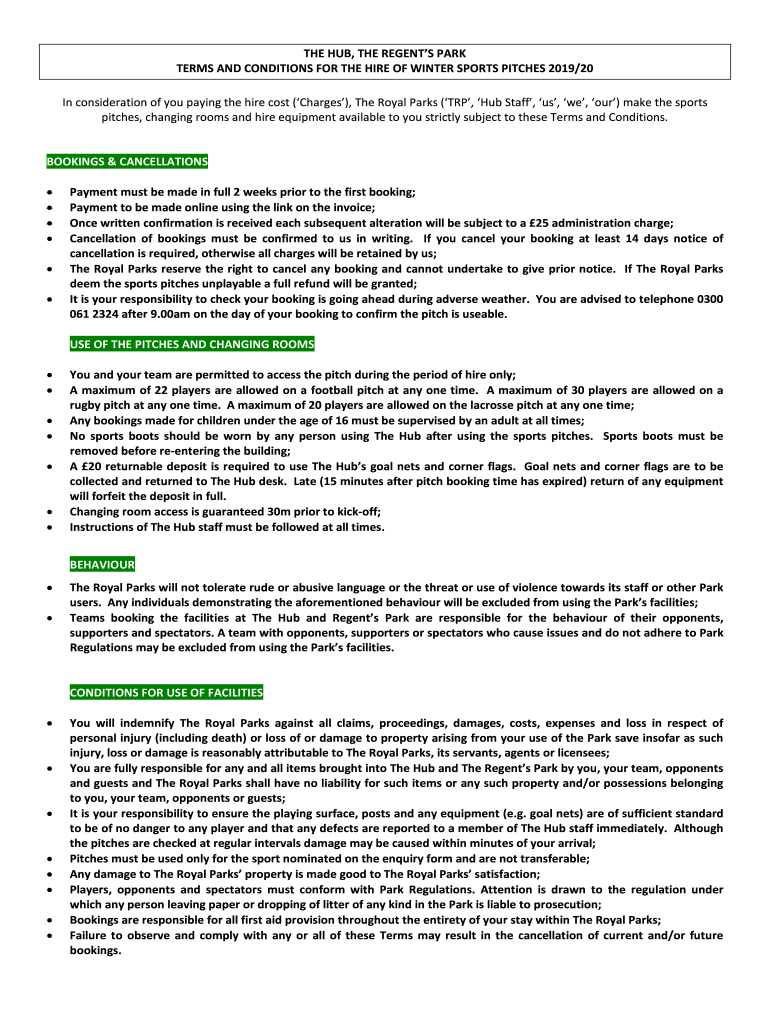Fillable Online Winter Sports Pitch Enquiry Form The Regent's Park The Fax Email Print