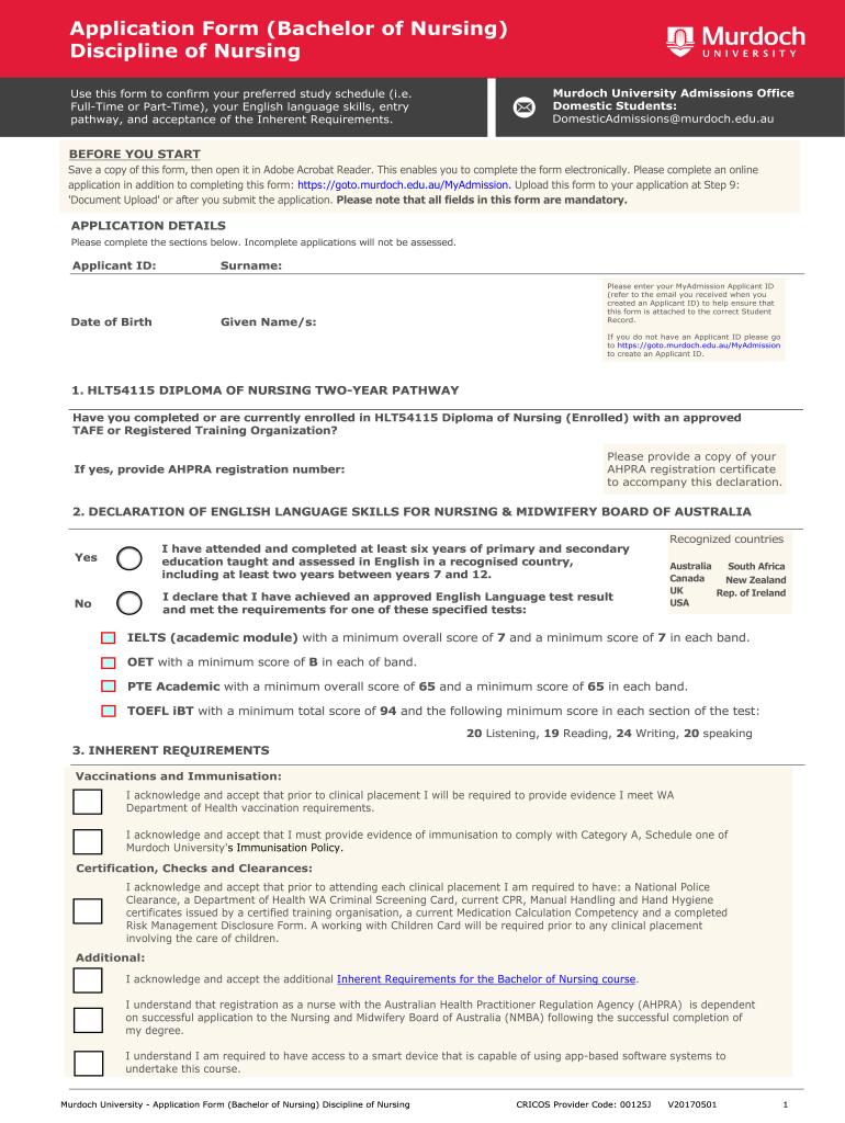 Application Form (Bachelor of Nursing) Discipline of Nursing Preview on Page 1