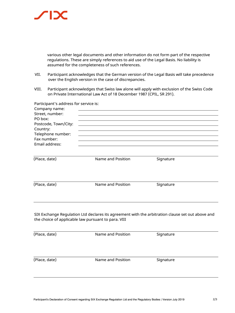 Participants Declaration of Consent regarding SIX Exchange Regulation Ltd and the Regulatory Bodies Preview on Page 1