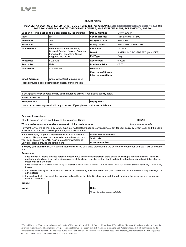 Pet Insurance Claim Form LV Fill and Sign Printable Template Online