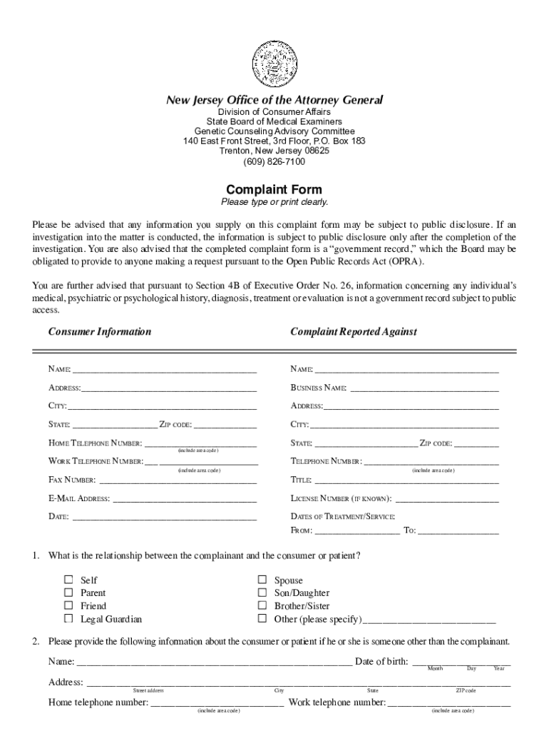 new jersey complaint form Preview on Page 1