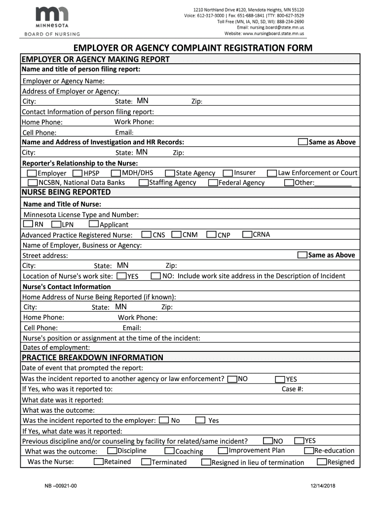 EMPLOYER OR AGENCY COMPLAINT REGISTRATION FORM - Minnesota Preview on Page 1