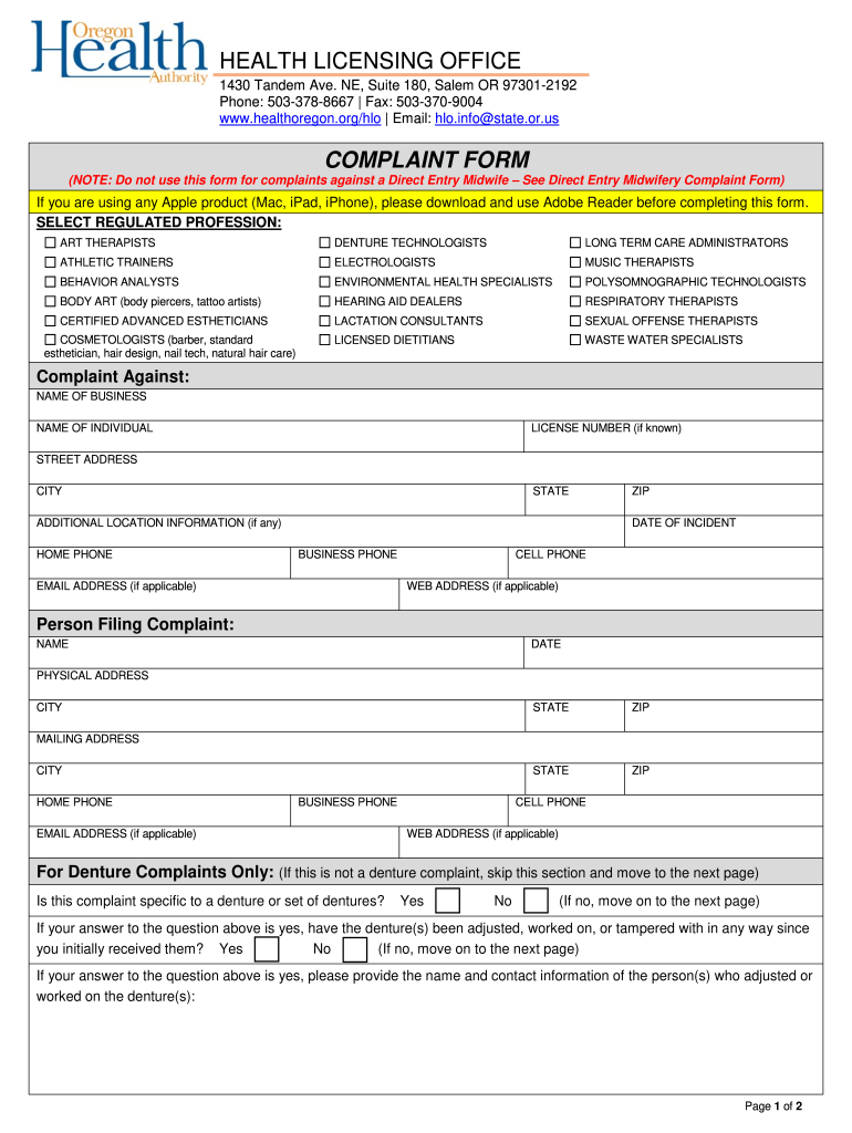 Oregon Health Authority : HLO Forms : Health Licensing Office Preview on Page 1