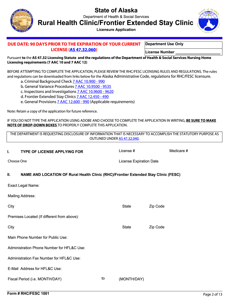 Application for Rural Health Clinic Frontier Extended Stay Clinic Licensure form Preview on Page 1