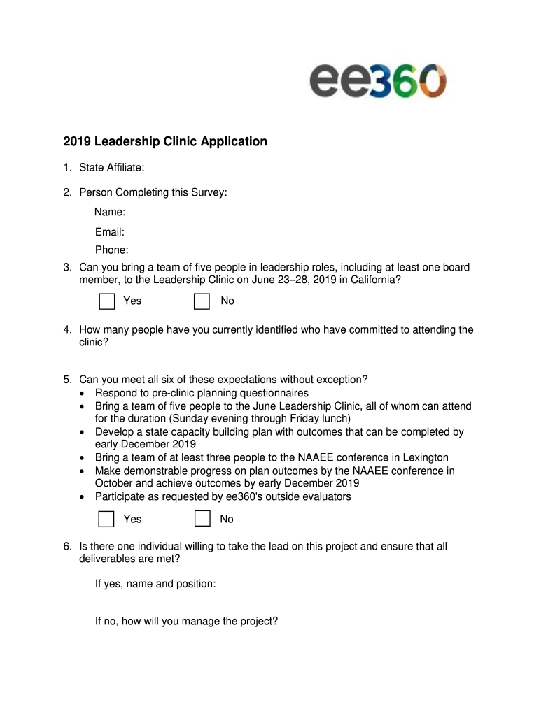 2019 Leadership Clinic Application Preview on Page 1