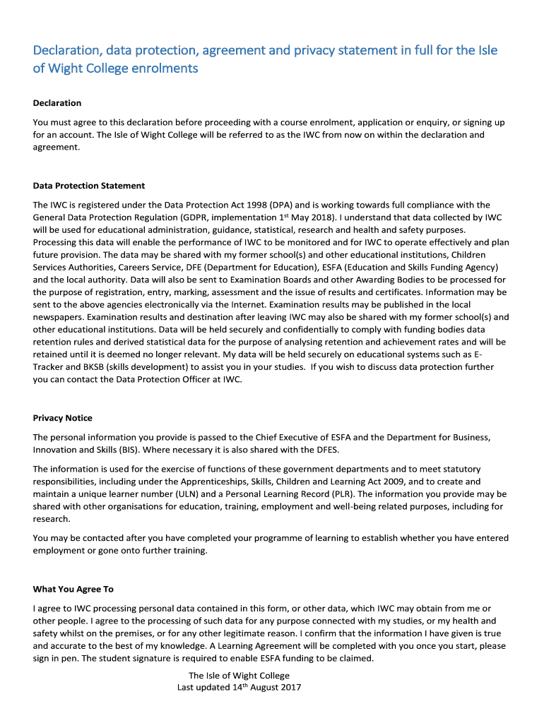 Fillable Online Declaration, data protection, agreement and privacy ...