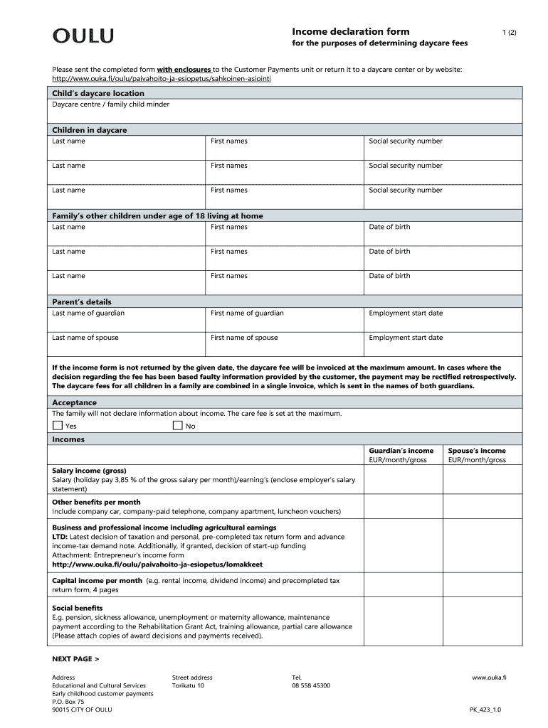 Income declaration form for the purposes of determining day-care fees Preview on Page 1