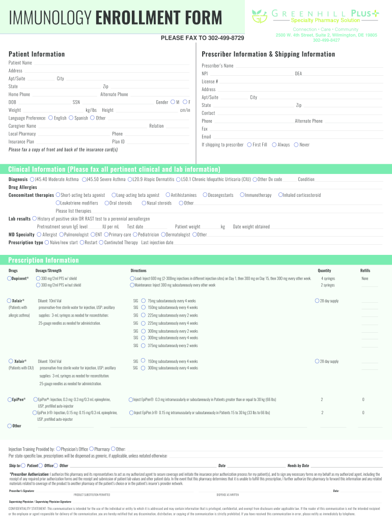 immunology enrollment form - Greenhill Pharmacy Preview on Page 1