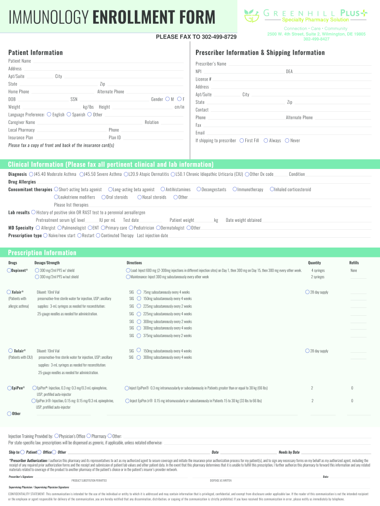 immunology enrollment form - Greenhill Pharmacy Preview on Page 1