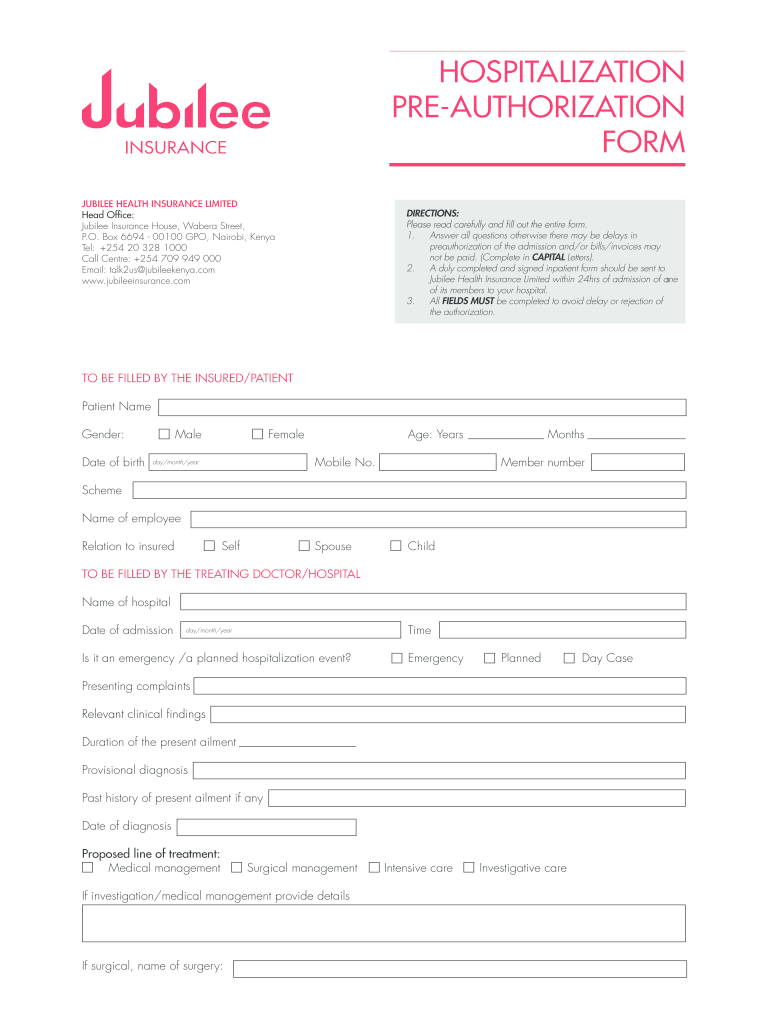 Hospitalization Pre-Authorization Form Preview on Page 1