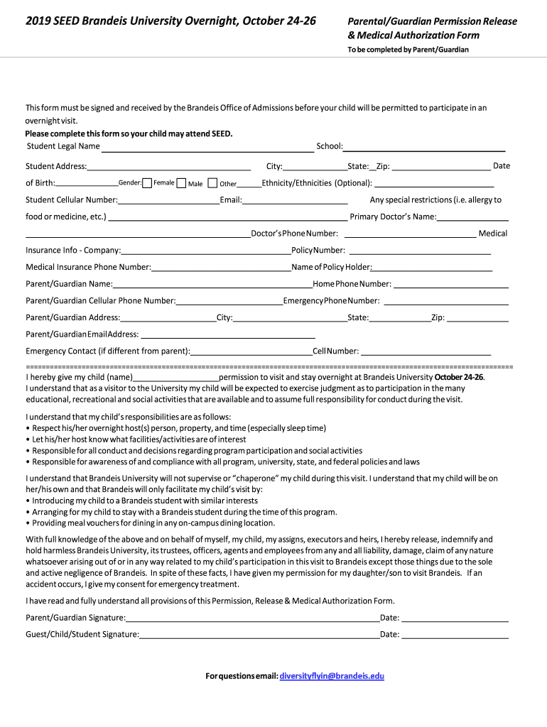 Parent Guardian Overnight Form - Brandeis University Preview on Page 1