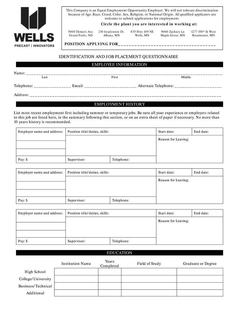 Fillable Online identification and job placement questionnaire employee