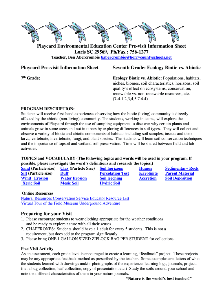 Fillable Online Playcard Environmental Education Center Previsit