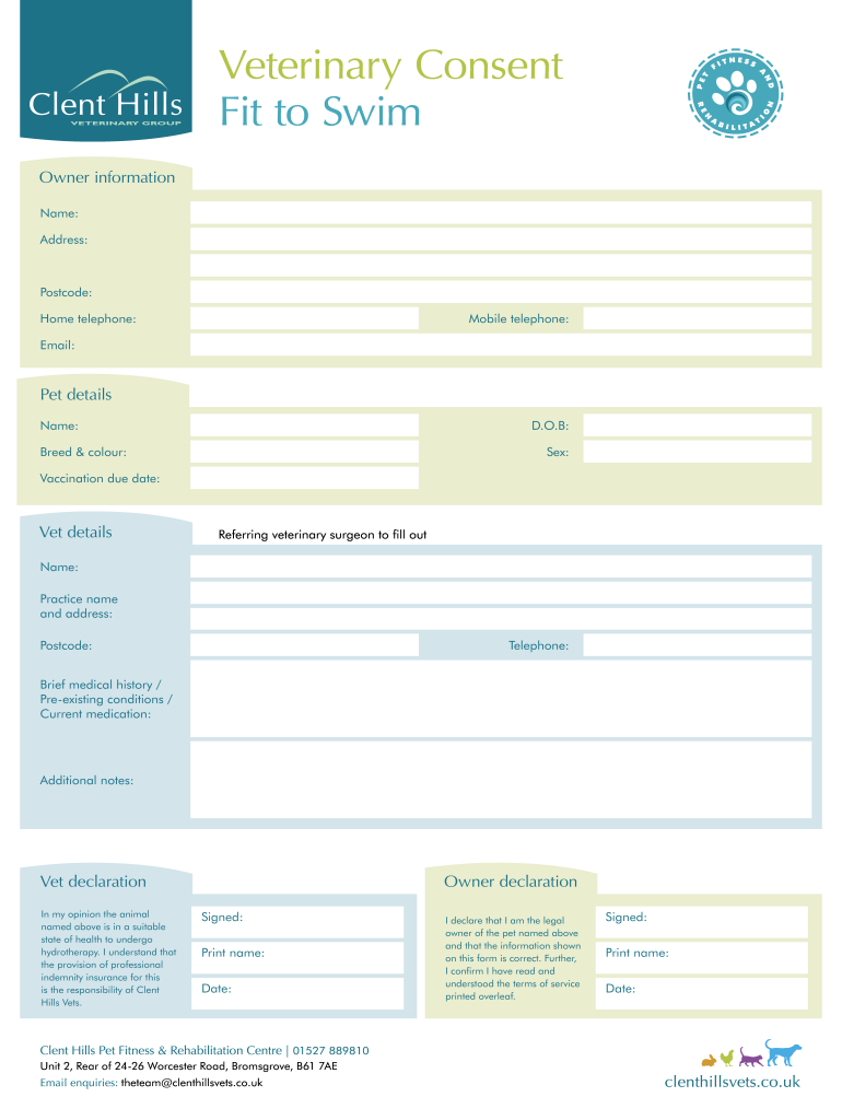 Veterinary Consent Fit to Swim - Clent Hills Vets Preview on Page 1