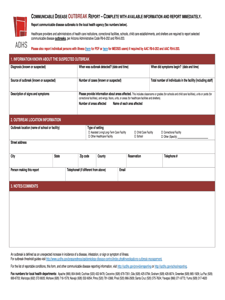 communicable disease outbreak report - Arizona Department Preview on Page 1