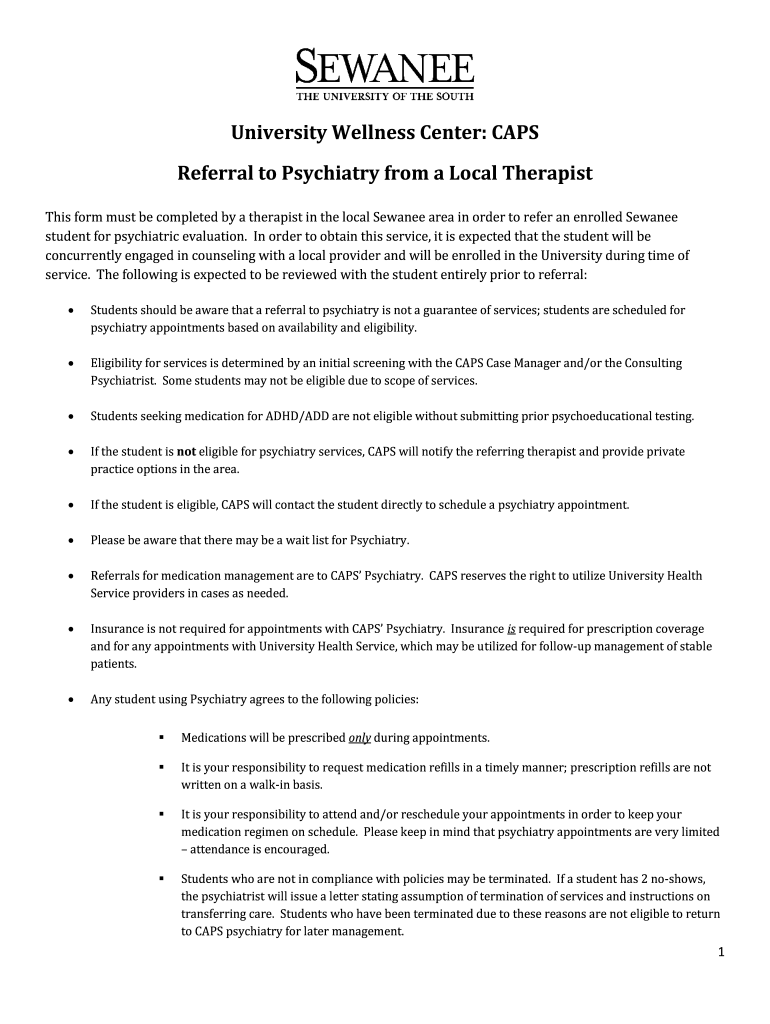 Fillable Online University Wellness Center CAPS Referral to Psychiatry
