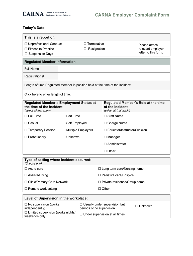 CARNA Employer Complaint Form Preview on Page 1