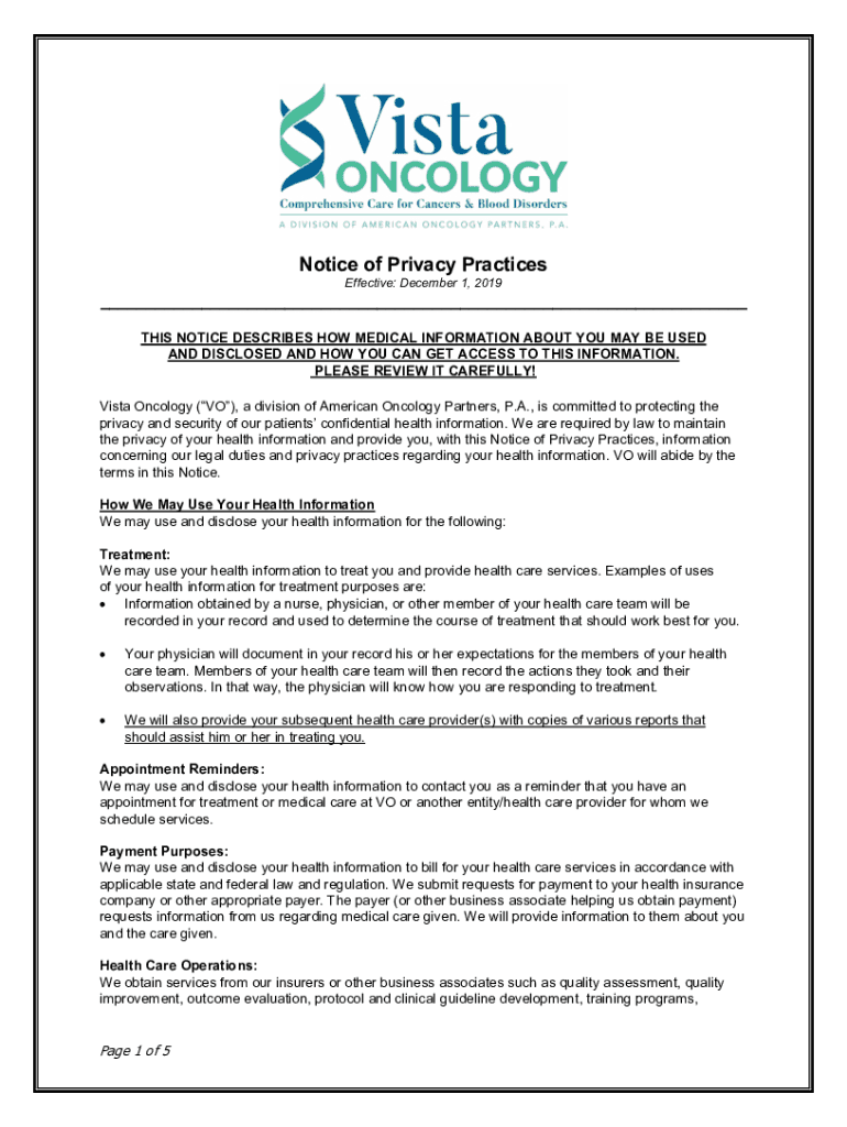 Vista Oncology Notice of Privacy Practices Preview on Page 1