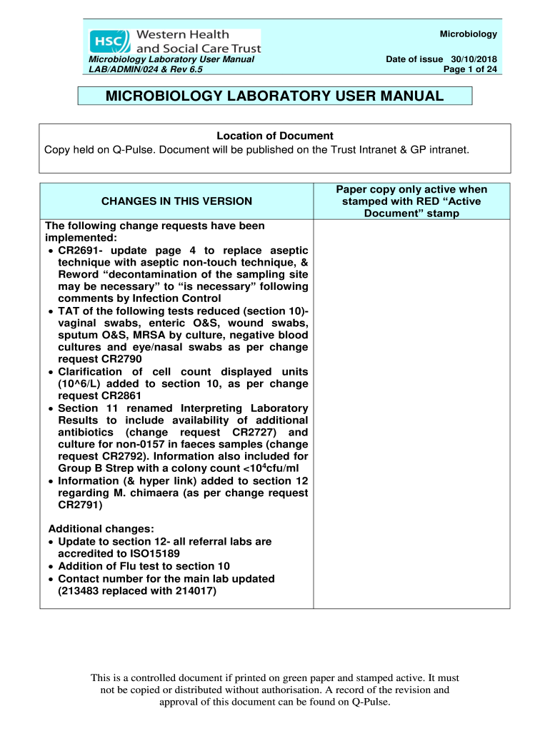 Fillable Online Microbiology Laboratory User Manual Western Health