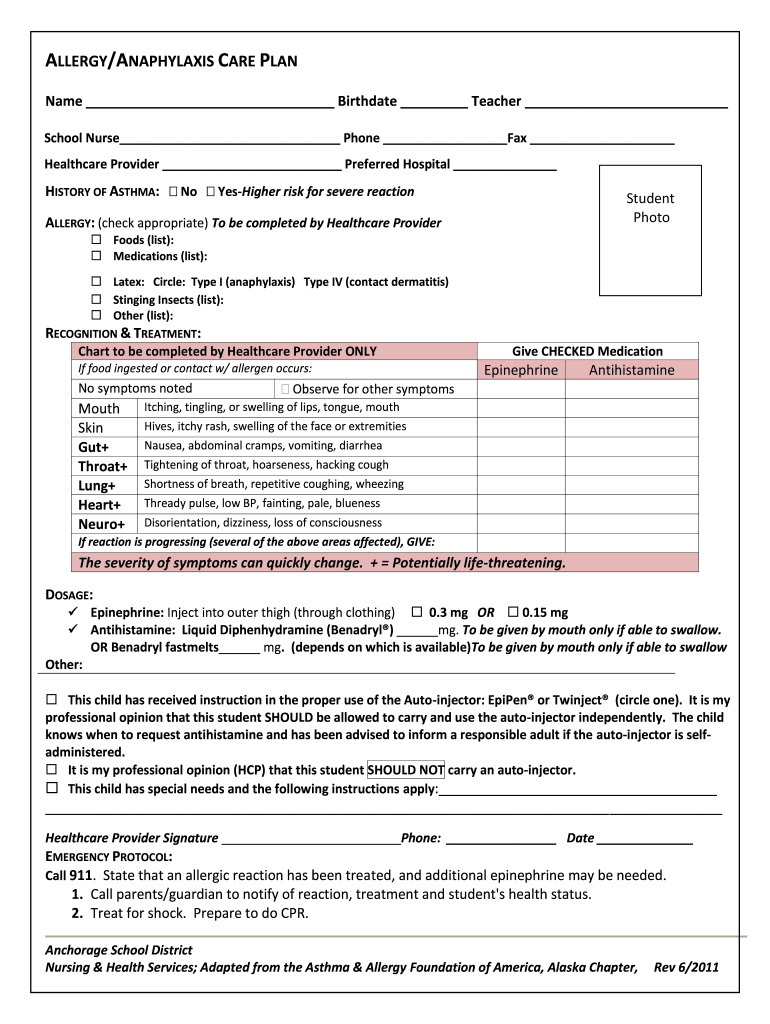 Fillable Online Get the allergy/anaphylaxis care plan Anchorage